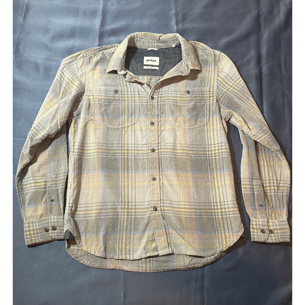 Prana Men Button Down Flannel Corduroy Shirt Small Gray Plaid Outdoor Casual